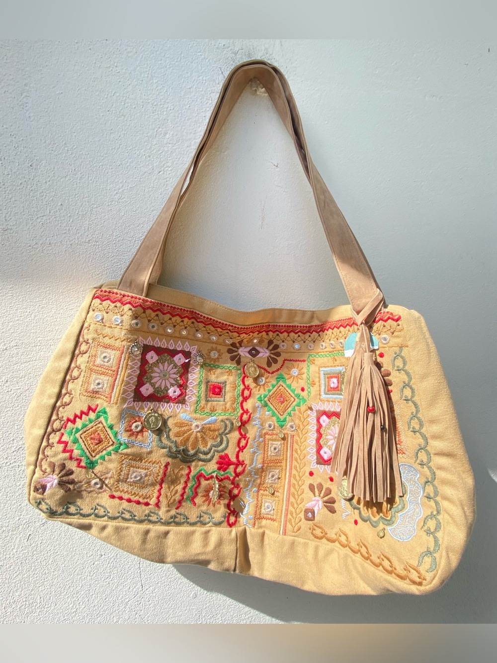 Earthbound Tan Canvas Multicolor Embroidered Mirror & Beaded Suede Fringe Tote